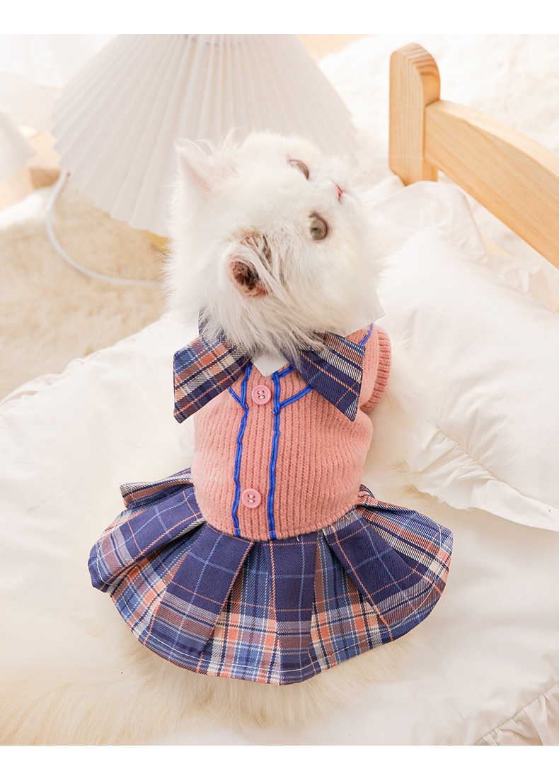 New Autumn and Winter Thickened Plaid Bow Tie Cat JK Dress Puppy Dog Dress Cat Spring Pet Dog Clothes