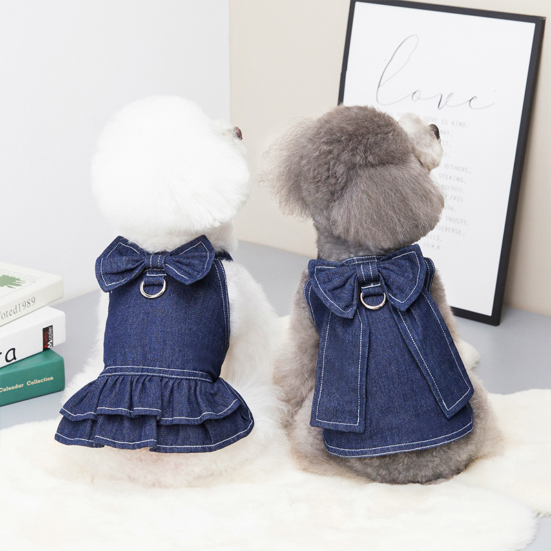Spring and Summer Pet Clothes Big Bow Tie Denim Suit Can Be Hung Hand Holding Rope Pomeranian Pet Dog Clothing Cross-Border Direct Sales