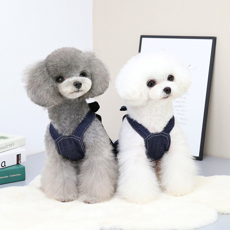 Spring and Summer Pet Clothes Big Bow Tie Denim Suit Can Be Hung Hand Holding Rope Pomeranian Pet Dog Clothing Cross-Border Direct Sales