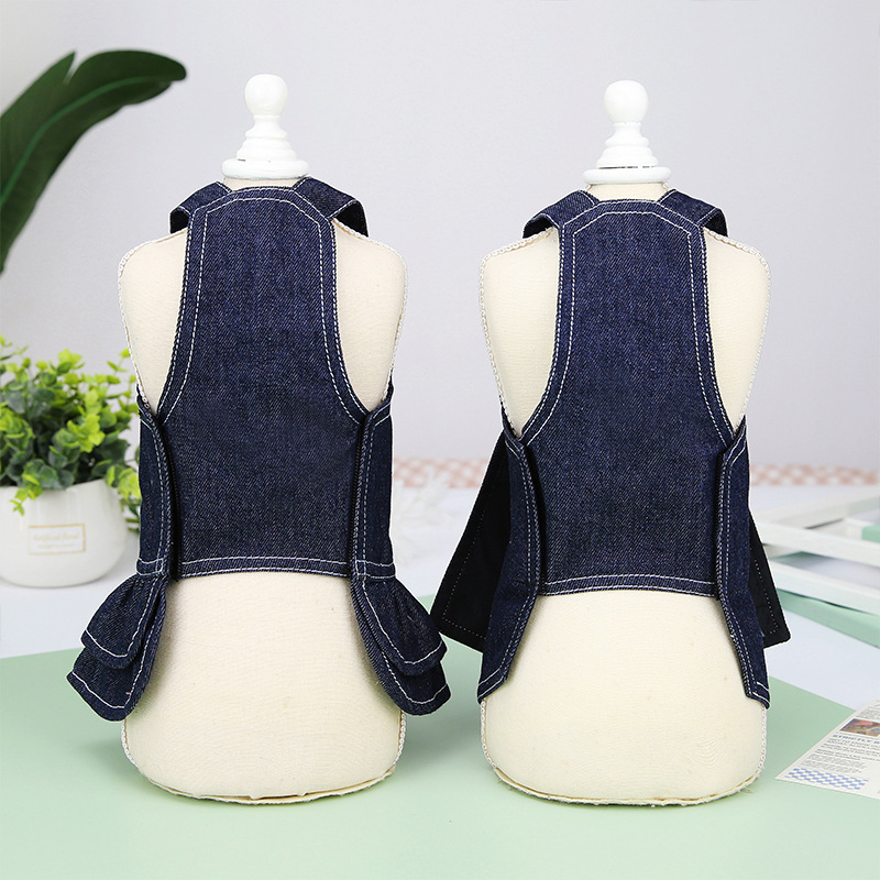 Spring and Summer Pet Clothes Big Bow Tie Denim Suit Can Be Hung Hand Holding Rope Pomeranian Pet Dog Clothing Cross-Border Direct Sales