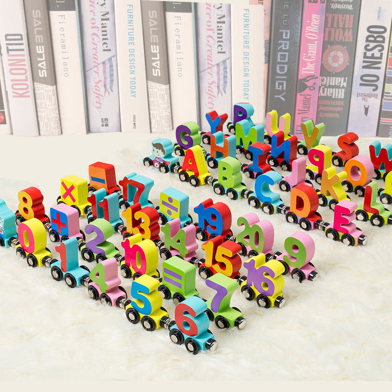 Wood Magnetic Digital Train Three-Year-Old Boys and Girls Wood Letters Assembled Drag Building Blocks Toy Car