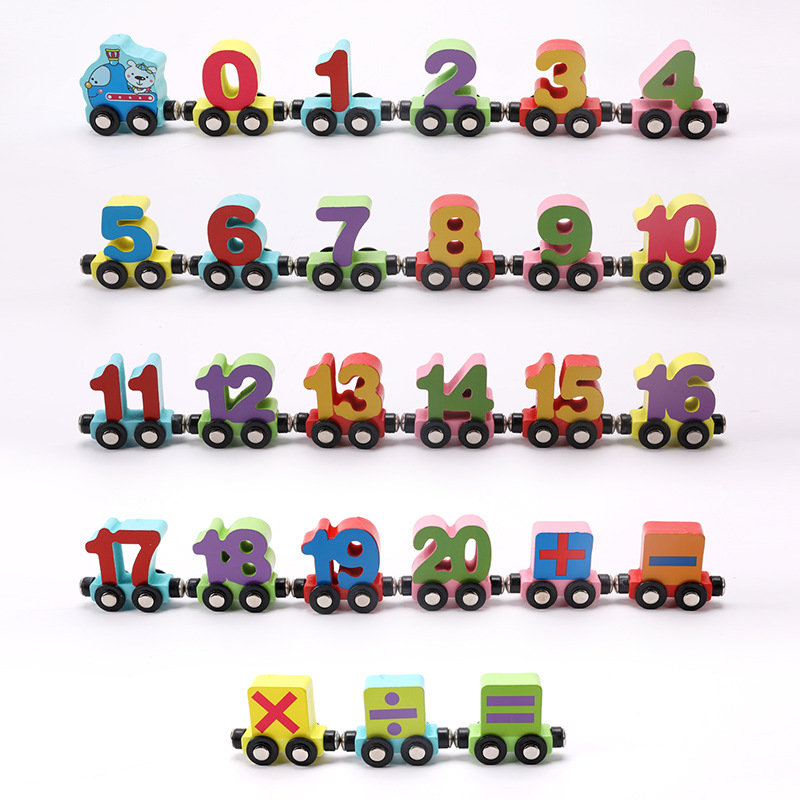 Wood Magnetic Digital Train Three-Year-Old Boys and Girls Wood Letters Assembled Drag Building Blocks Toy Car