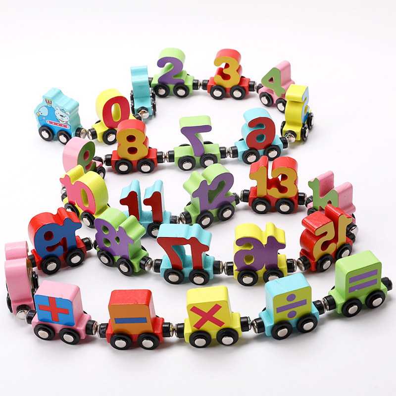 Wood Magnetic Digital Train Three-Year-Old Boys and Girls Wood Letters Assembled Drag Building Blocks Toy Car