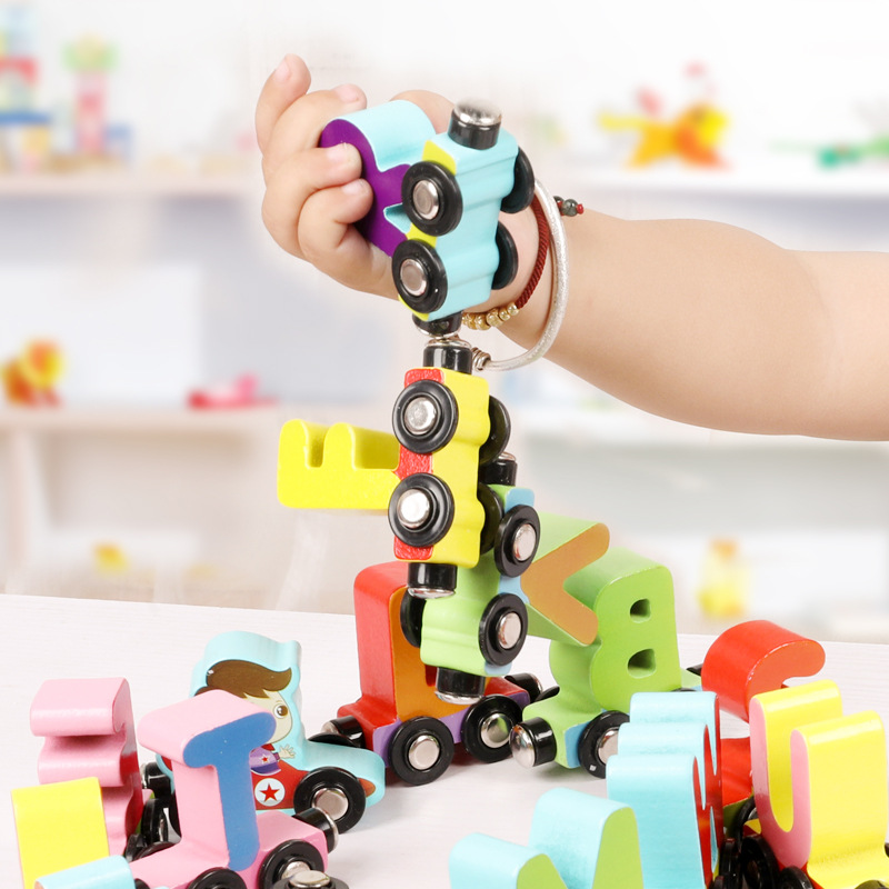 Wood Magnetic Digital Train Three-Year-Old Boys and Girls Wood Letters Assembled Drag Building Blocks Toy Car