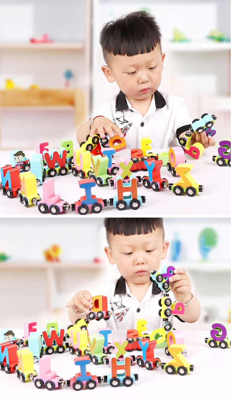 Wood Magnetic Digital Train Three-Year-Old Boys and Girls Wood Letters Assembled Drag Building Blocks Toy Car