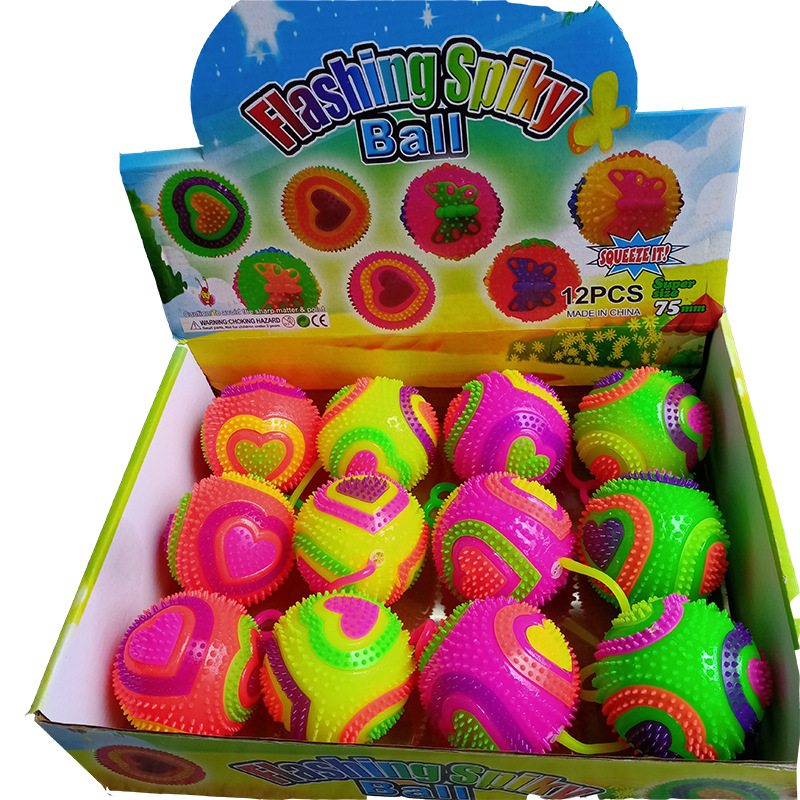 Glowing massage ball 7.5 cm bouncy ball flashing heart football with string and whistle piercing ball Glowing children 's toy
