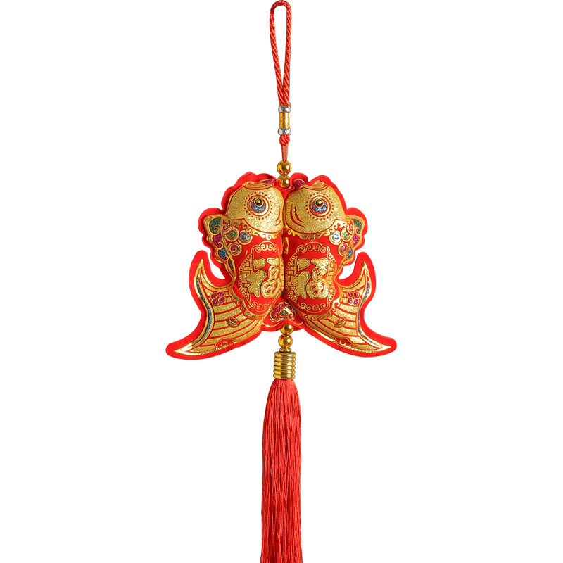 Chinese Knot Lantern Ornament Flannel Gilding Five Fu String for Fish Pendant Spring Festival Festive Pendant Lotus Fu Character