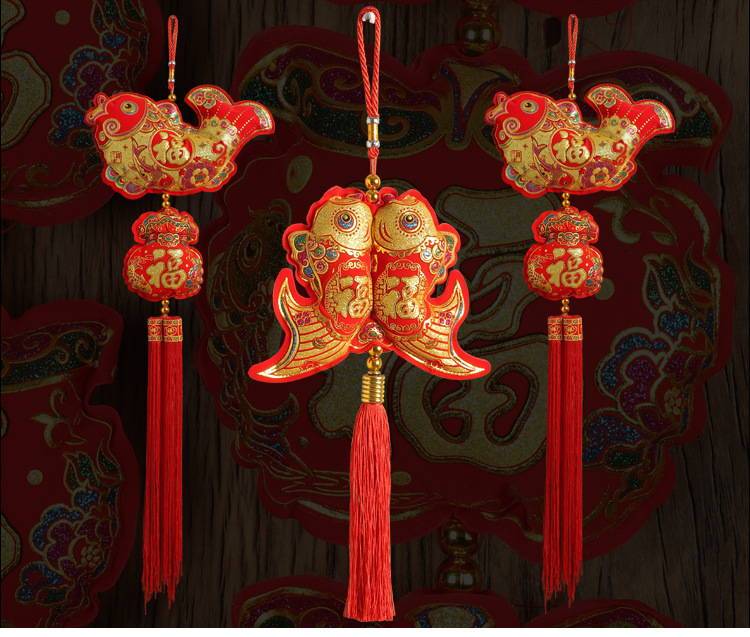 Chinese Knot Lantern Ornament Flannel Gilding Five Fu String for Fish Pendant Spring Festival Festive Pendant Lotus Fu Character