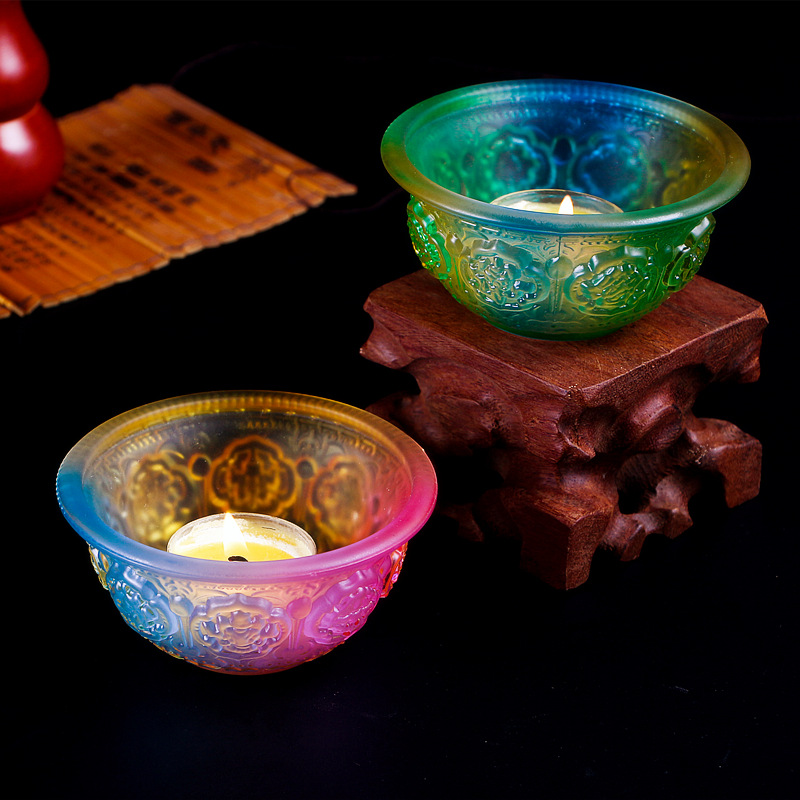 Colored Glaze Eight Auspicious Symbols Offering Water Bowl Buddha Worshiping Lamp Butter Lamp Lotus Lantern