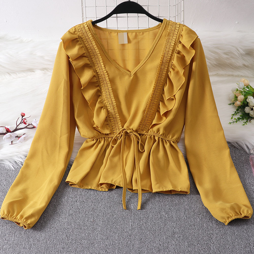 of the belt waist show thin lotus leaf lantern sleeve shirt sweet chiffon jacket foreign trade summer 2020 new style
