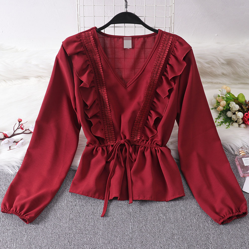 of the belt waist show thin lotus leaf lantern sleeve shirt sweet chiffon jacket foreign trade summer 2020 new style