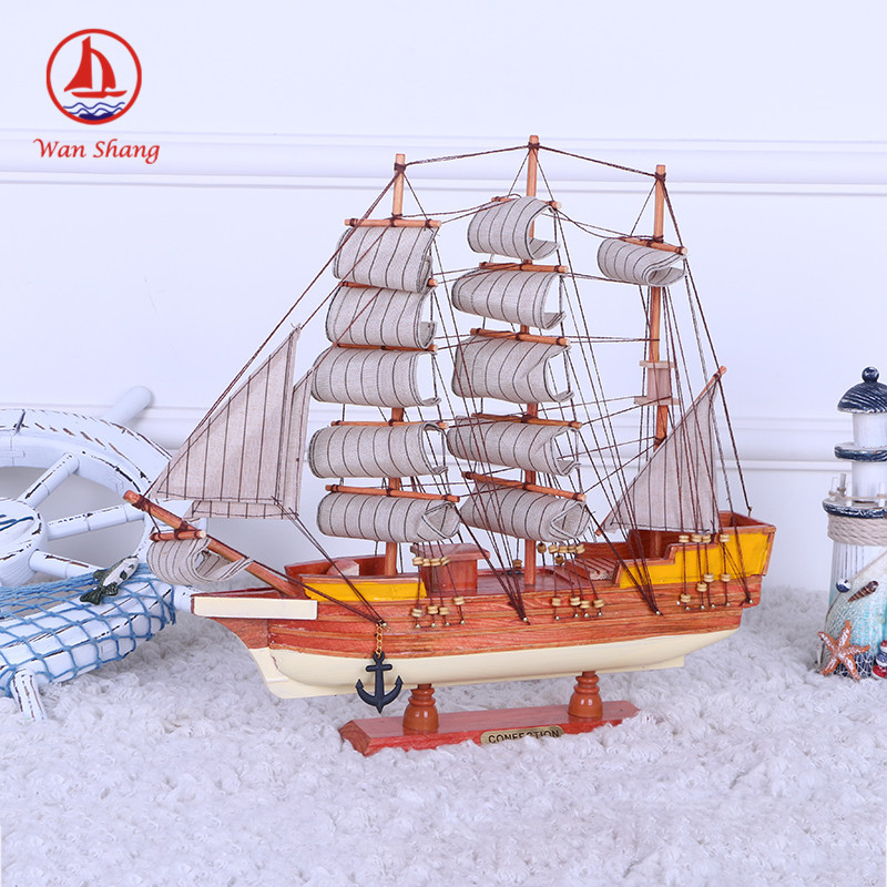 Wooden Craftwork Home Ornament Furnishing Handmade Boat Mediterranean Style Wooden Sailboat Decoration Sailing Boat Model