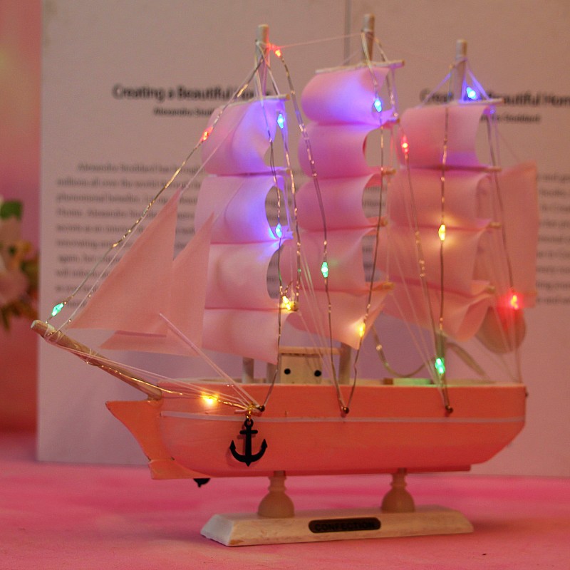Creative Girl Heart-Solid Wood Sailboat Mediterranean Style Friends Birthday Gift Model Boat with Lights