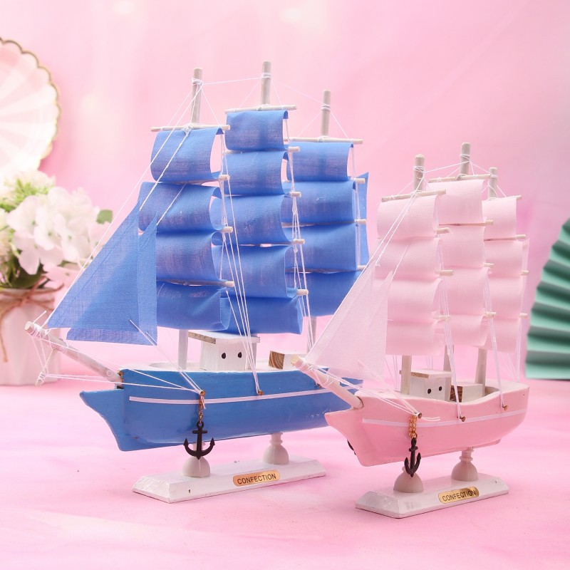 Creative Girl Heart-Solid Wood Sailboat Mediterranean Style Friends Birthday Gift Model Boat with Lights
