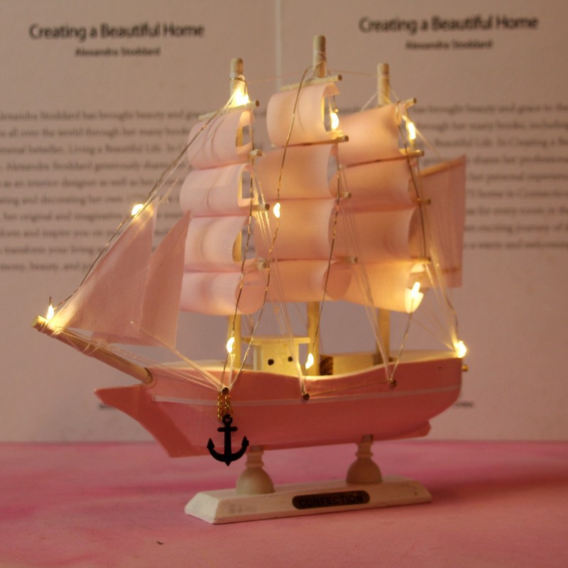 Creative Girl Heart-Solid Wood Sailboat Mediterranean Style Friends Birthday Gift Model Boat with Lights