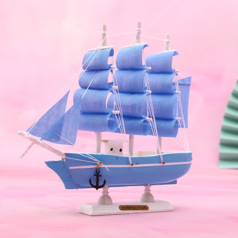 Creative Girl Heart-Solid Wood Sailboat Mediterranean Style Friends Birthday Gift Model Boat with Lights