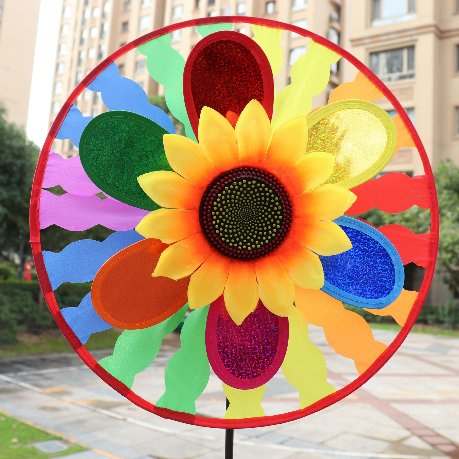 Turntable Laser Sequined Sunflower Double-Layer Windmill Plastic Sunflower Colorful Children Windmill Outdoor Decoration Wholesale