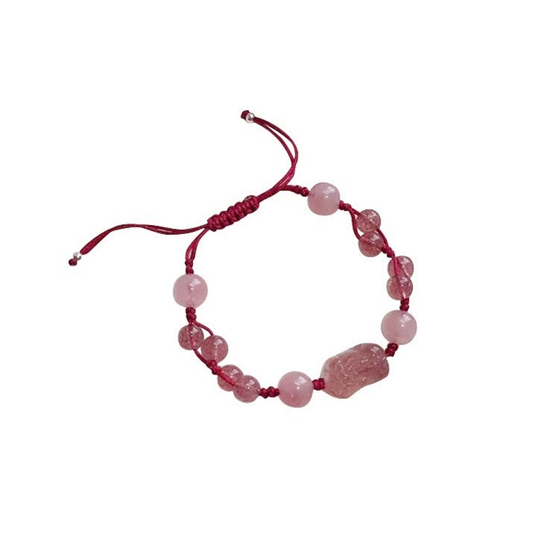Natural Strawberry Quartz Crystal Bracelet for Women Woven Hand Strap Pink Crystal Peach Blossom This Animal Year Red Rope