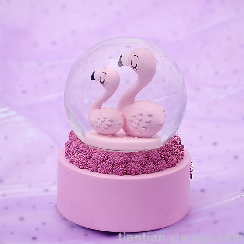Resin Craft Creative Flamingo Crystal Ball Music box Dream Luminous Snowflake Music Box