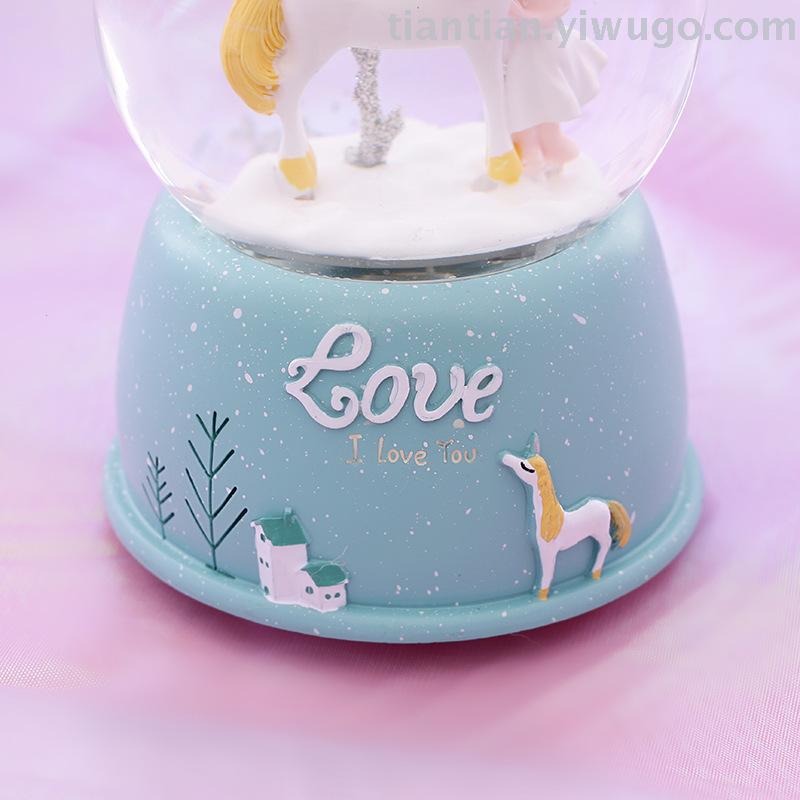Resin handicraft furnishings creative unicorn crystal ball music box of fantasy luminous floating snow music box