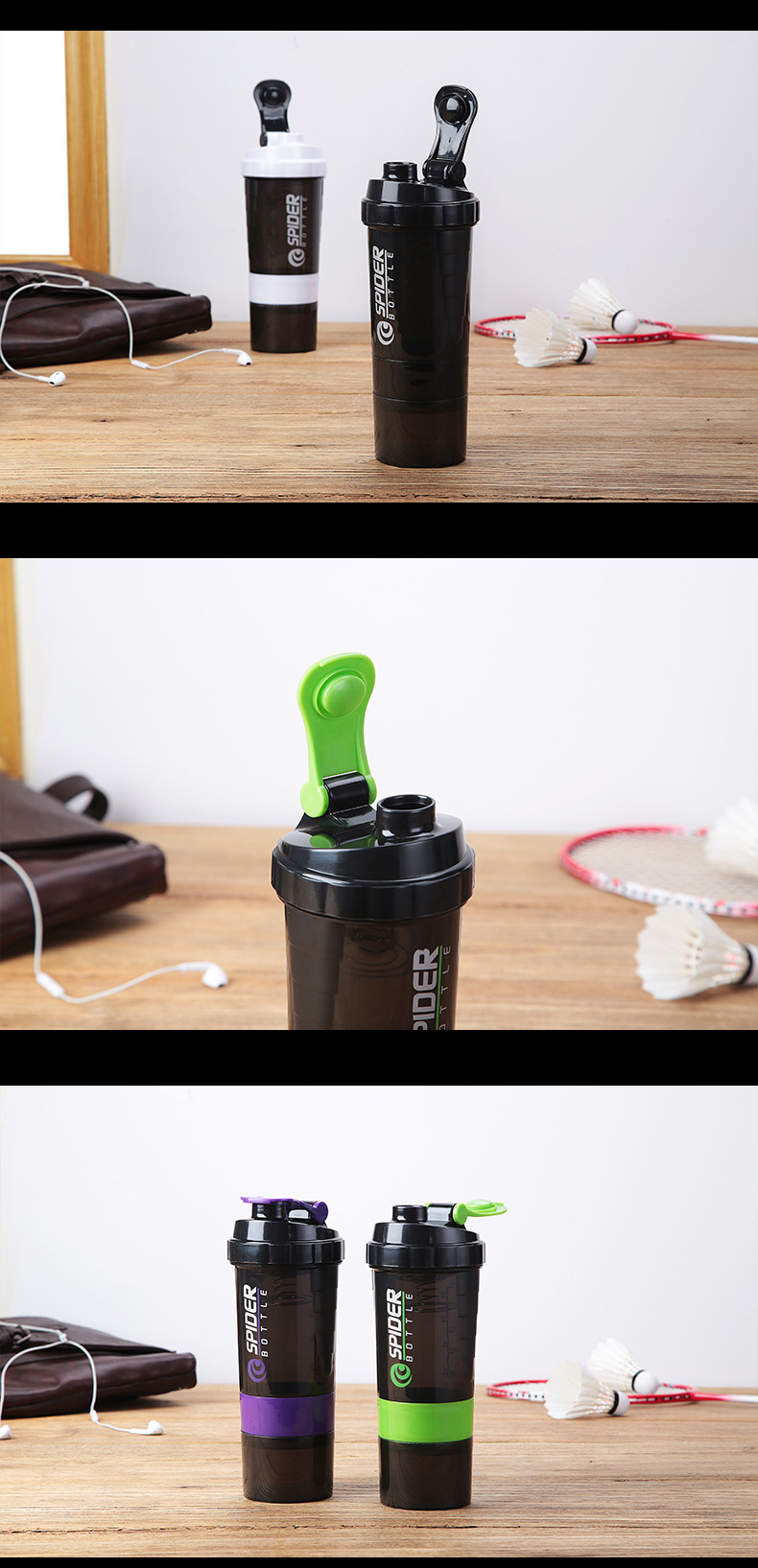 Spider Fitness Exercise Shake Cup Food Grade Double-Layer Plastic Cup Dried Egg White Three-Section Shake Cup Spider Fitness Exercise Shake Cup Food Grade Double-Layer Plastic Cup Dried Egg White Three-Section Shake Cup