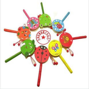 Factory Direct Sales Wooden Small Sand Hammer Sand Ball Wooden Cartoon Sand Hammer Infant Early Childhood Educational Toys