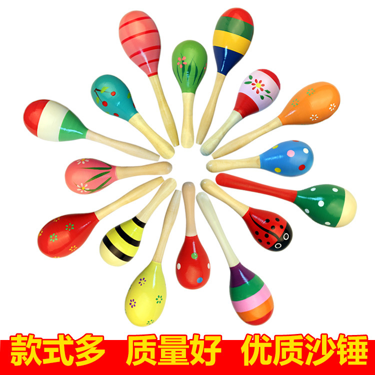 Wholesale Wooden Cartoon Sand Ball Wooden Sand Hammer Training Auditory Rattle Baby Exercise Hand Holding Musical Instrument Toy