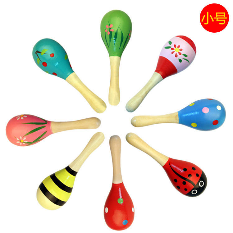 Wholesale Wooden Cartoon Sand Ball Wooden Sand Hammer Training Auditory Rattle Baby Exercise Hand Holding Musical Instrument Toy