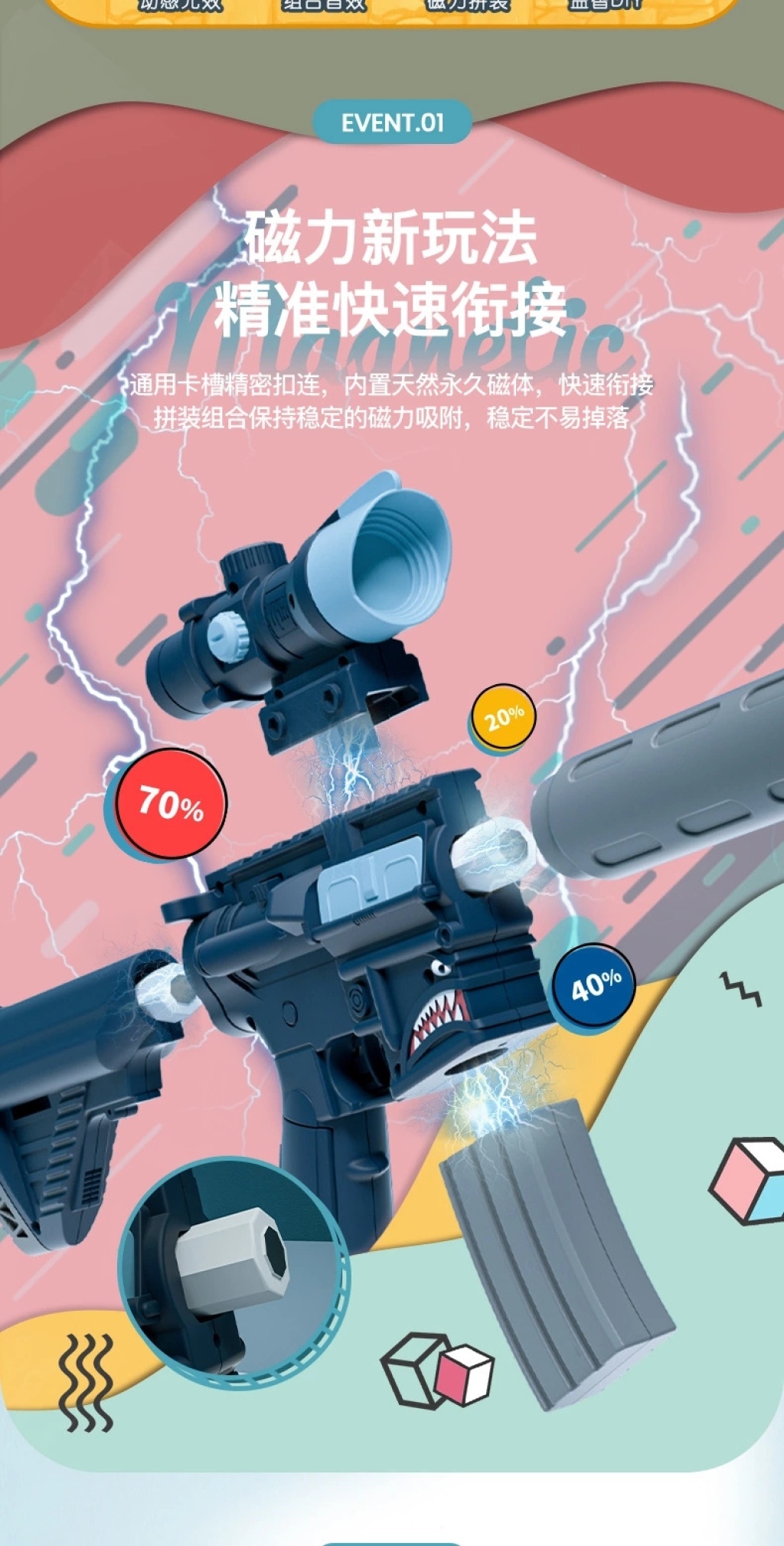 Loerle Children's Magnetic Assembly Gun Simulation Electric Sound and Light Puzzle DIY Variety Assembly Boy Toy Gun PF