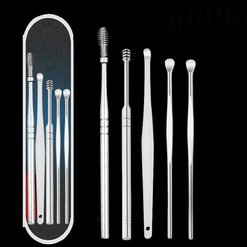 Stainless Steel Ear Pick 6-Piece Ear Spoon 5-Piece Set Earpick Spiral Spring Ear Spoon Set Ear Picking Tools