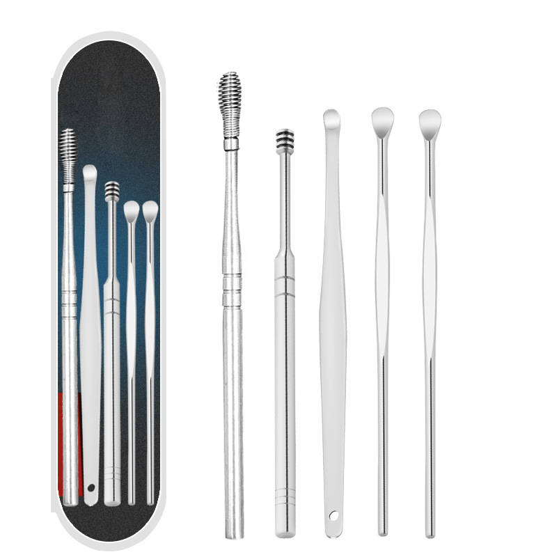 Stainless Steel Ear Pick 6-Piece Ear Spoon 5-Piece Set Earpick Spiral Spring Ear Spoon Set Ear Picking Tools