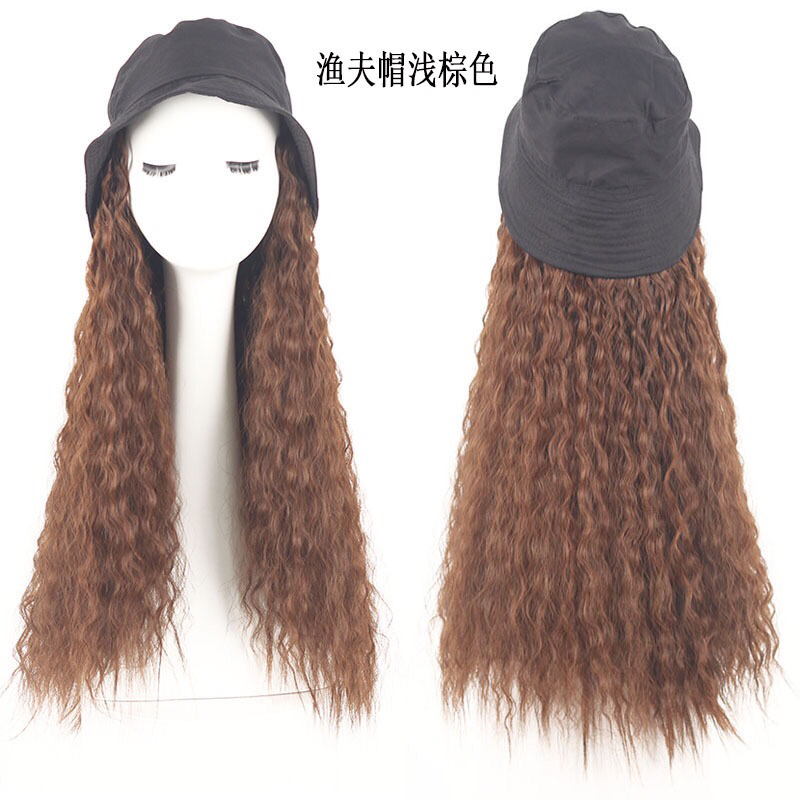 Factory direct selling fisherman's hat corn perm integral wig women's wool roll water ripple long curly hair wig