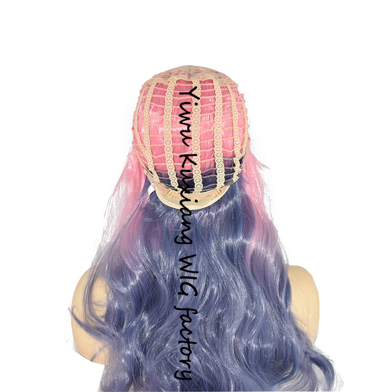 Cross-Border Dyed Black Gradient Pink Purple Long Curly Hair European and American New Wig Chemical Fiber Dyed Factory Direct Sales Cross-Border Dyed Black Gradient Pink Purple Long Curly Hair European and American New Wig Chemical Fiber Dyed Factory Direct Sales