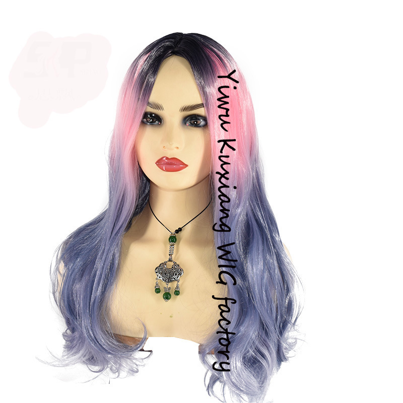 Cross-Border Dyed Black Gradient Pink Purple Long Curly Hair European and American New Wig Chemical Fiber Dyed Factory Direct Sales Cross-Border Dyed Black Gradient Pink Purple Long Curly Hair European and American New Wig Chemical Fiber Dyed Factory Direct Sales
