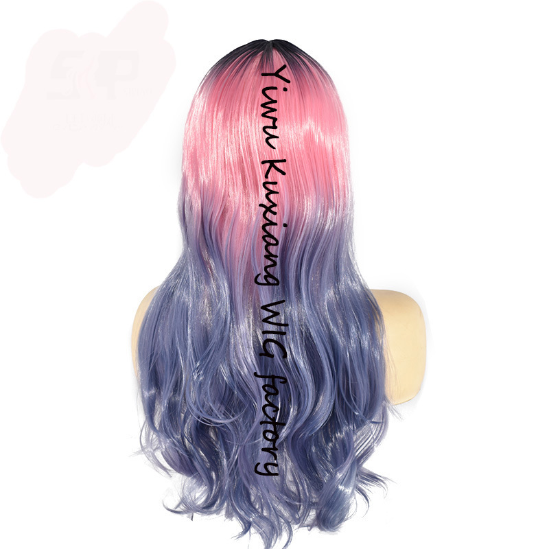 Cross-Border Dyed Black Gradient Pink Purple Long Curly Hair European and American New Wig Chemical Fiber Dyed Factory Direct Sales Cross-Border Dyed Black Gradient Pink Purple Long Curly Hair European and American New Wig Chemical Fiber Dyed Factory Direct Sales
