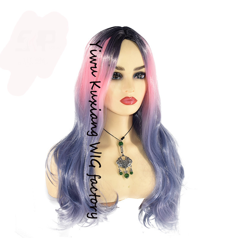 Cross-Border Dyed Black Gradient Pink Purple Long Curly Hair European and American New Wig Chemical Fiber Dyed Factory Direct Sales Cross-Border Dyed Black Gradient Pink Purple Long Curly Hair European and American New Wig Chemical Fiber Dyed Factory Direct Sales