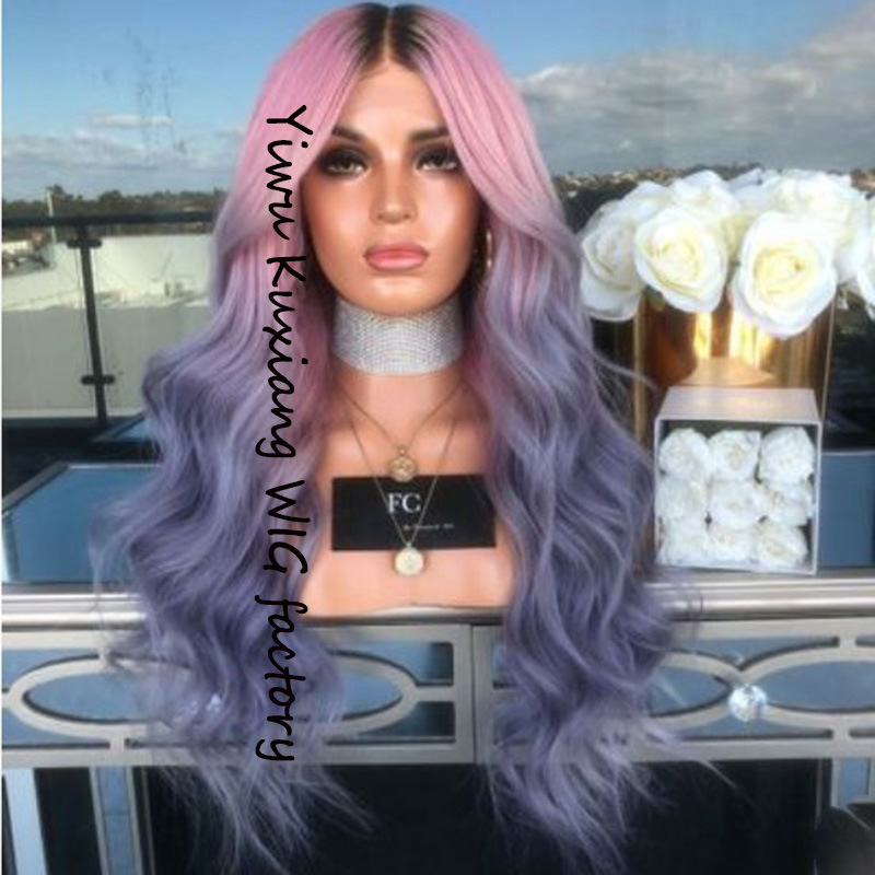 Cross-Border Dyed Black Gradient Pink Purple Long Curly Hair European and American New Wig Chemical Fiber Dyed Factory Direct Sales Cross-Border Dyed Black Gradient Pink Purple Long Curly Hair European and American New Wig Chemical Fiber Dyed Factory Direct Sales