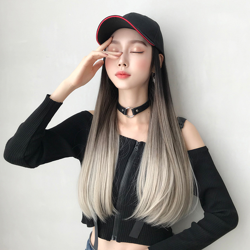 Cross-Border Wholesale Hat Wig One-Piece Gradient Dyed Long Straight Hair Peaked Cap Long Hair Inner Buckle Internet Celebrity Wig