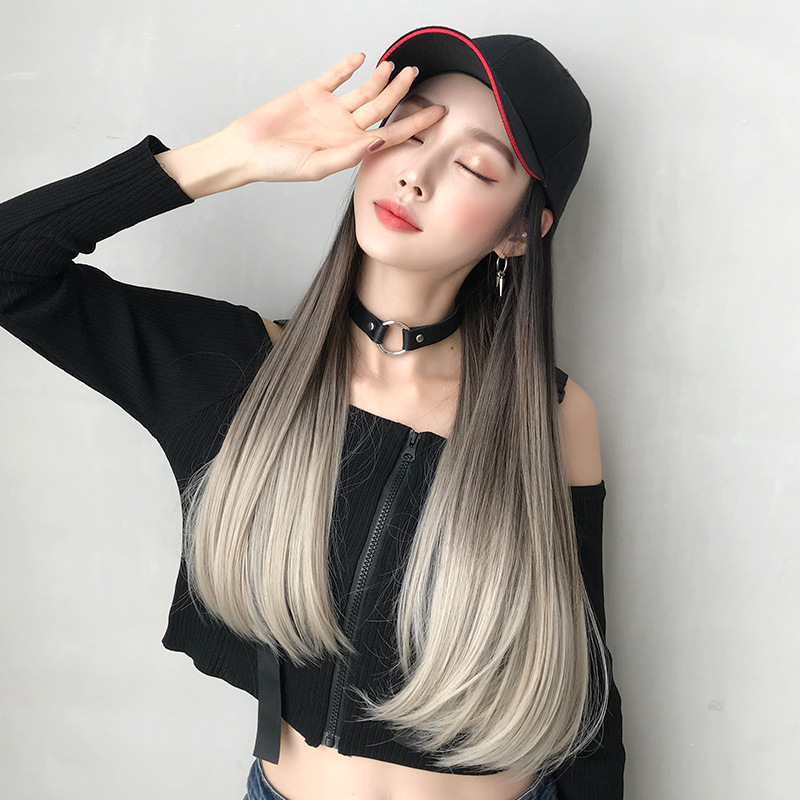 Cross-Border Wholesale Hat Wig One-Piece Gradient Dyed Long Straight Hair Peaked Cap Long Hair Inner Buckle Internet Celebrity Wig