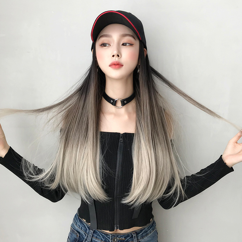 Cross-Border Wholesale Hat Wig One-Piece Gradient Dyed Long Straight Hair Peaked Cap Long Hair Inner Buckle Internet Celebrity Wig