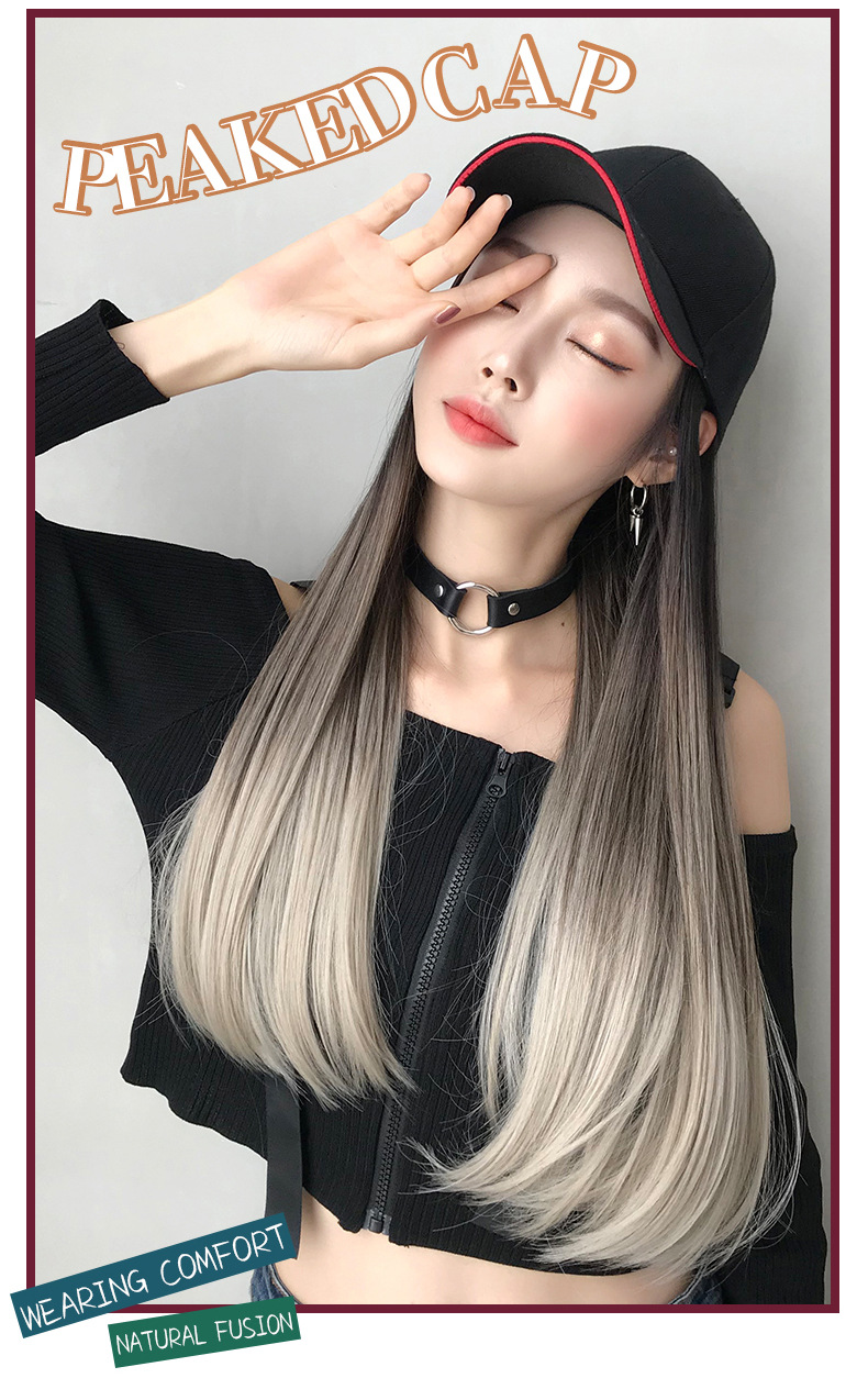 Cross-Border Wholesale Hat Wig One-Piece Gradient Dyed Long Straight Hair Peaked Cap Long Hair Inner Buckle Internet Celebrity Wig Cross-Border Wholesale Hat Wig One-Piece Gradient Dyed Long Straight Hair Peaked Cap Long Hair Inner Buckle Internet Celebrity Wig