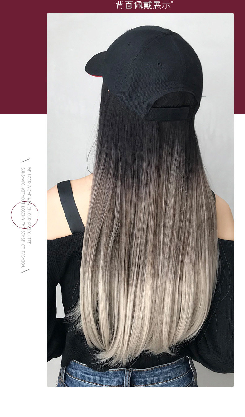 Cross-Border Wholesale Hat Wig One-Piece Gradient Dyed Long Straight Hair Peaked Cap Long Hair Inner Buckle Internet Celebrity Wig Cross-Border Wholesale Hat Wig One-Piece Gradient Dyed Long Straight Hair Peaked Cap Long Hair Inner Buckle Internet Celebrity Wig