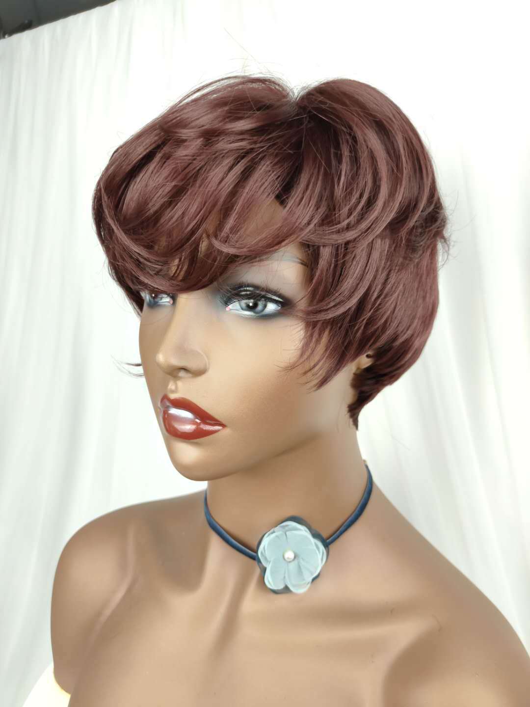 AliExpress European and American Short Hair Women&#039;s Fashion Dark Brown Dyed Micro Volume Short Hair Set High-Temperature Fiber Chemical Fiber Wig