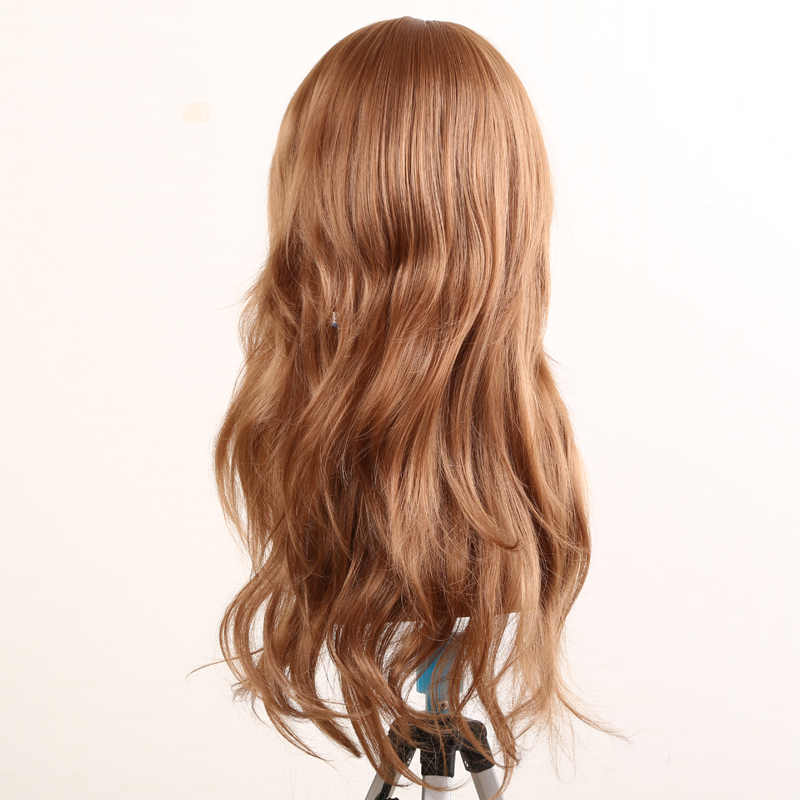 Medium blonde long wavy wig with oblique bangs made of chemical fiber