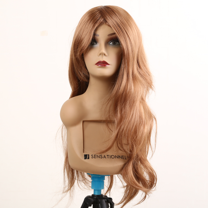 Medium blonde long wavy wig with oblique bangs made of chemical fiber