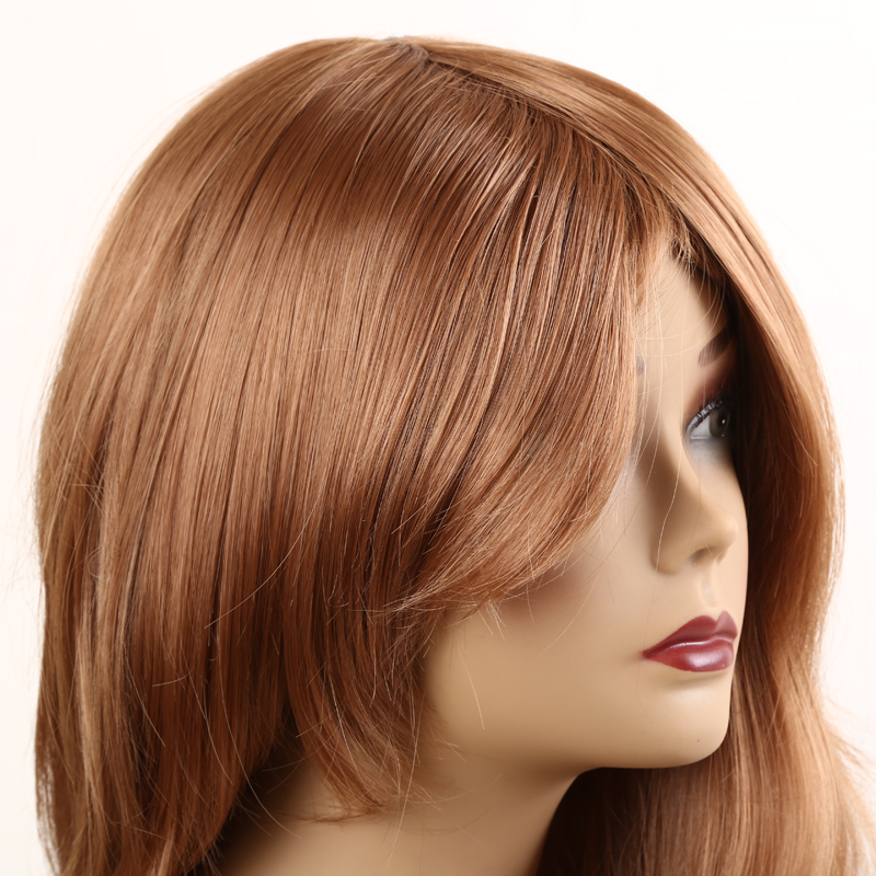 Medium blonde long wavy wig with oblique bangs made of chemical fiber