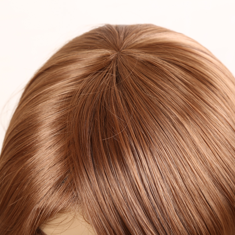 Medium blonde long wavy wig with oblique bangs made of chemical fiber