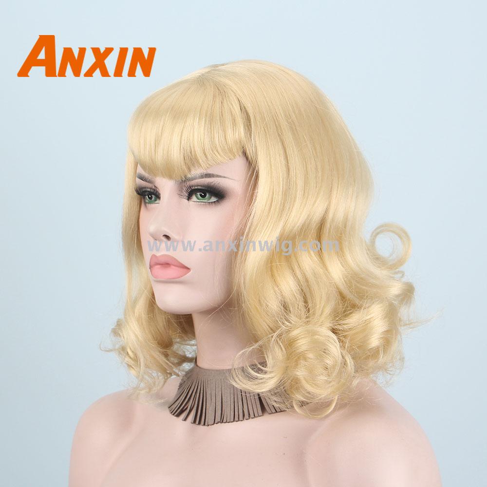 Anxin Short Body Wave Blonde Wig With Bangs For Women Party Hallloween Wig