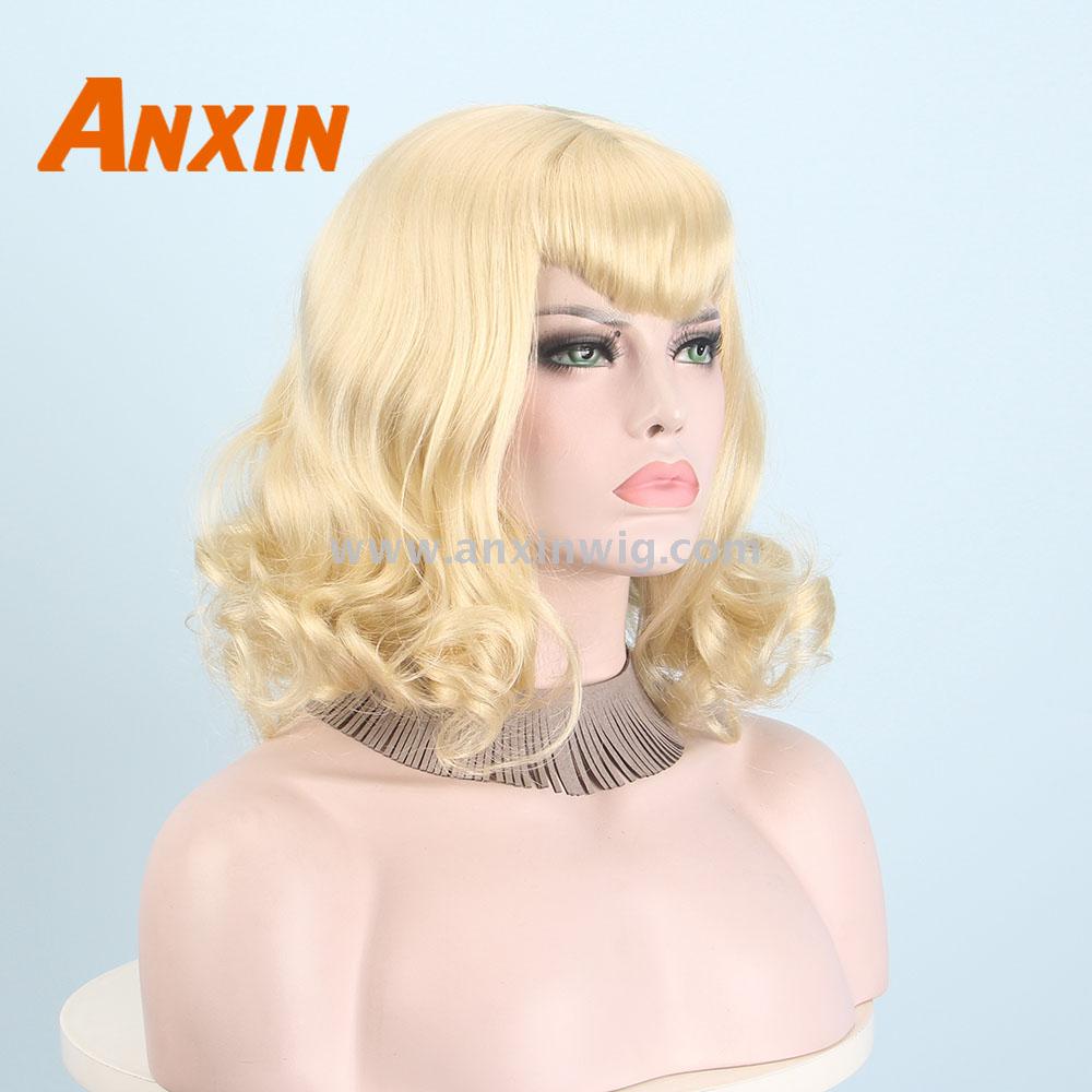 Anxin Short Body Wave Blonde Wig With Bangs For Women Party Hallloween Wig