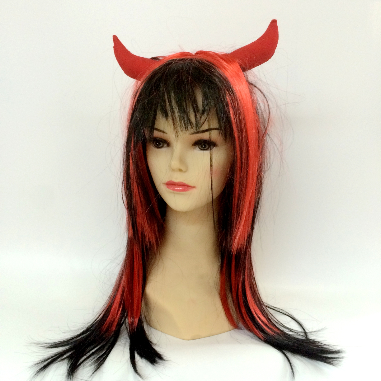 Halloween black and red long straight wig hair